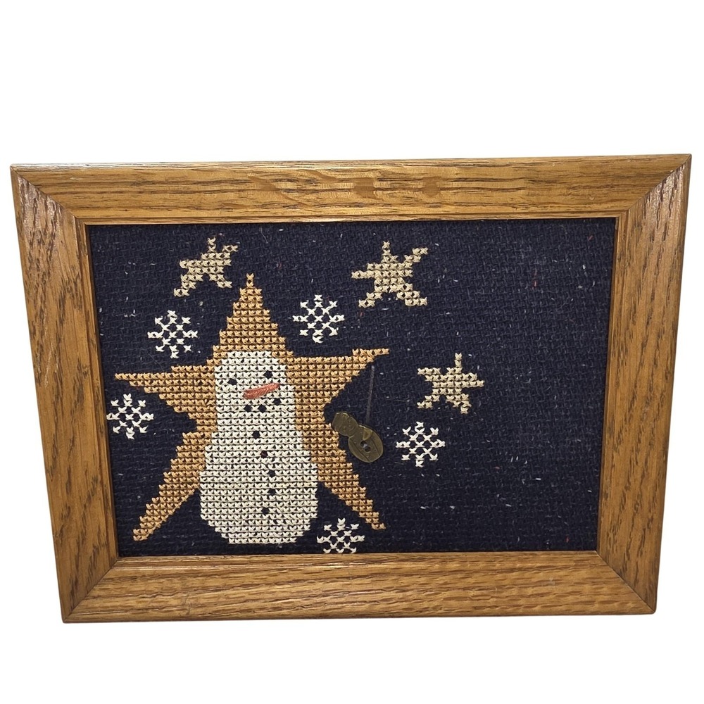 Completed Cross Stitch Framed‎ Art Snowman Star Plaque Winter decor